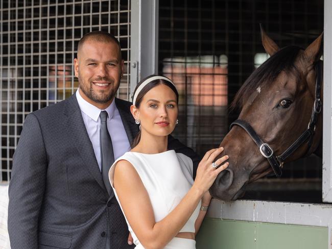 Buddy and Jesinta with Gai Waterhouse trained racehorse, Knights Order. Picture: Jason Edwards