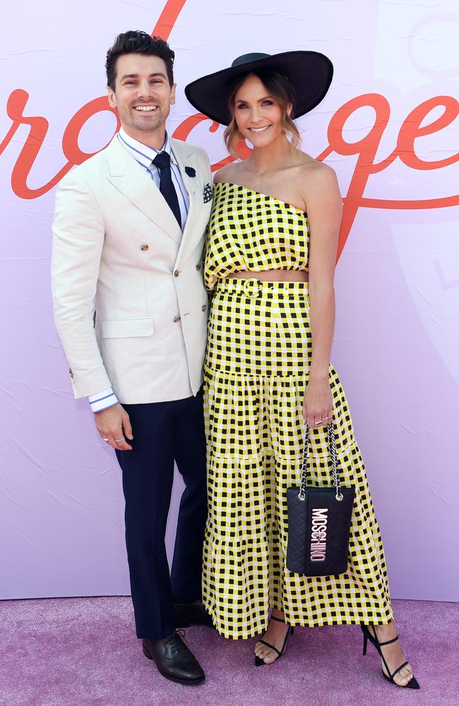 Matty J and Laura Byrne in the Birdcage on Melbourne Cup Day. Picture: Julian Smith