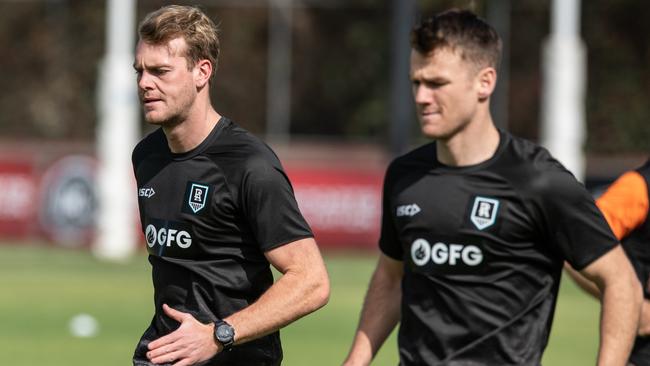 Port Adelaide’s Jack Watts and Robbie Gray during pre-season training at Alberton Oval. Picture: Brad Fleet