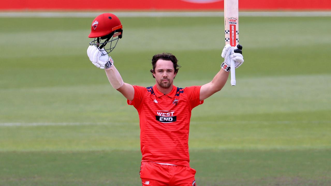 Travis Head scored South Australia’s fastest ever century at Karen Rolton Oval, on October 13, 2021. Photo: Getty Images