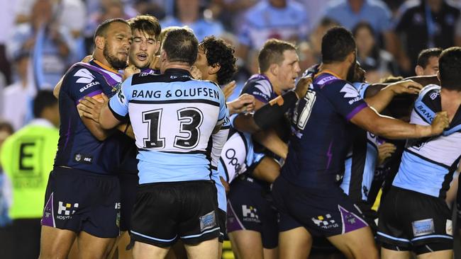 Will Chambers scuffles with Paul Gallen in 2018. Picture: Grant Trouville/NRL Photos