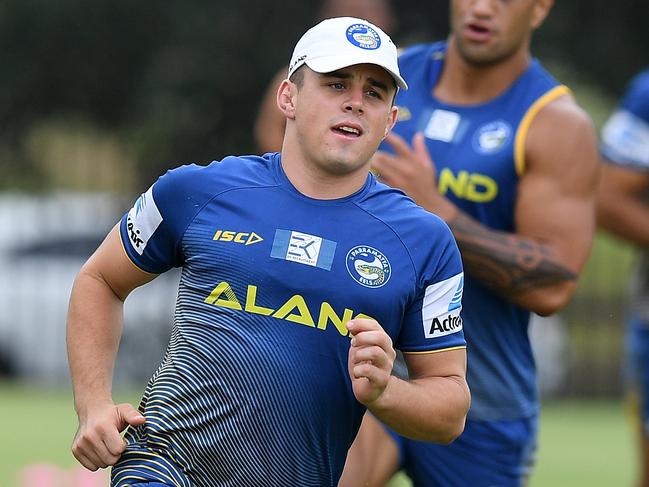 Parramatta Eels player Reed Mahoney takes part in a team training session at the Old Saleyards Reserve, in Sydney, Tuesday, February 5, 2019. (AAP Image/Dan Himbrechts) NO ARCHIVING