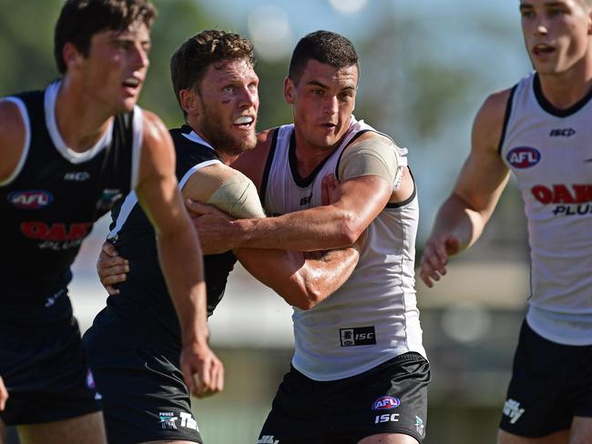 Brad Ebert and Tom Rockliff during Port Adelaide's first intra-club match.