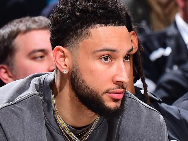 BROOKLYN, NY - MARCH 29: Ben Simmons #10 of the Brooklyn Nets sits on the bench during the game against the Houston Rockets on March 29, 2023 at Barclays Center in Brooklyn, New York. NOTE TO USER: User expressly acknowledges and agrees that, by downloading and or using this Photograph, user is consenting to the terms and conditions of the Getty Images License Agreement. Mandatory Copyright Notice: Copyright 2023 NBAE (Photo by Brian Babineau/NBAE via Getty Images)