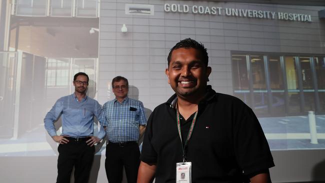 Dr Dinesh Palipana with Griffith School of Medicine colleagues Dr Gary Grant and Professor Harry McConnell. Photo: Scott Fletcher