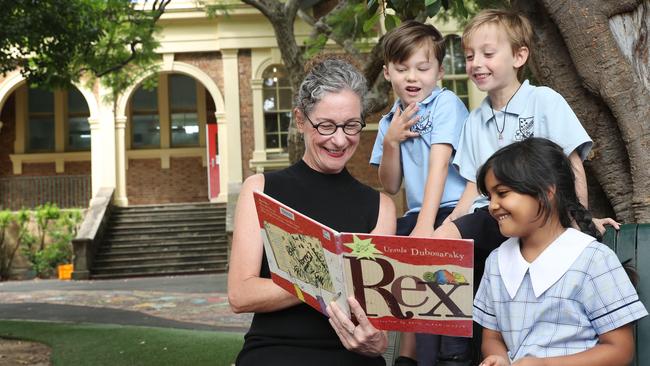 Dr Jenny Donovan with Stanmore Public School year 1 students, Darcy, Phoenix and Soraya in 2019 when tasked with turning Australia's education fortunes around. Picture: John Feder/The Australian