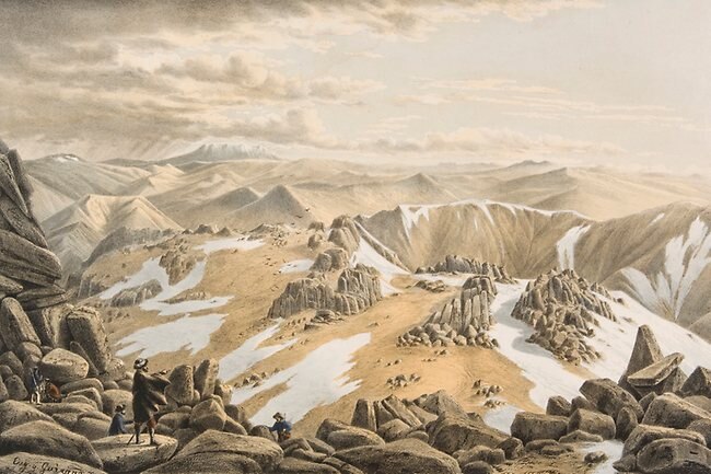 <p><span>North east view from the top of Mt Kosciusko NSW</span> <span>(1867) by Eugene Von Guerard.</span></p> <span></span> <a href="http://theaustralian.com.au/news/arts/great-explorers/story-e6frg8n6-1226120570349">Great Explorers</a>