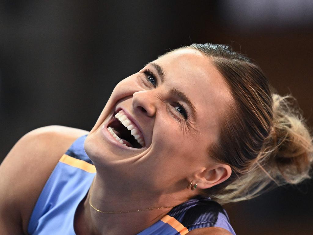 Australia's Nina Kennedy reacts in the Women's Pole Vault during the Diamond League athletics meeting Weltklasse at Zurich's main train station, in Zurich, on August 30, 2023. (Photo by Fabrice COFFRINI / AFP)