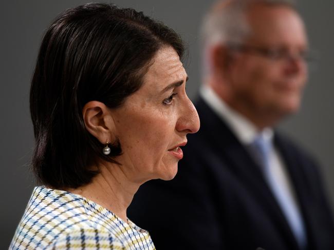 Premier Gladys Berejiklian and Mr Morrison announcing the energy deal on Friday. Picture: AAP/Bianca De Marchi