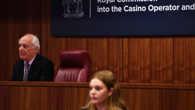 Commissioner Ray Finkelstein, left, at an early hearing of the inquiry into Melbourne’s Crown casino. Picture: AAP