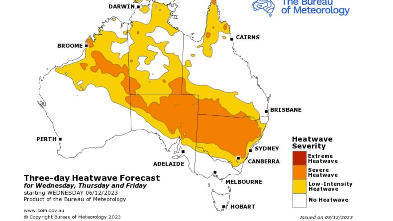 Heatwave conditions are likely to impact much of Australia in the latter half of the week. Picture: Bureau of Meteorology