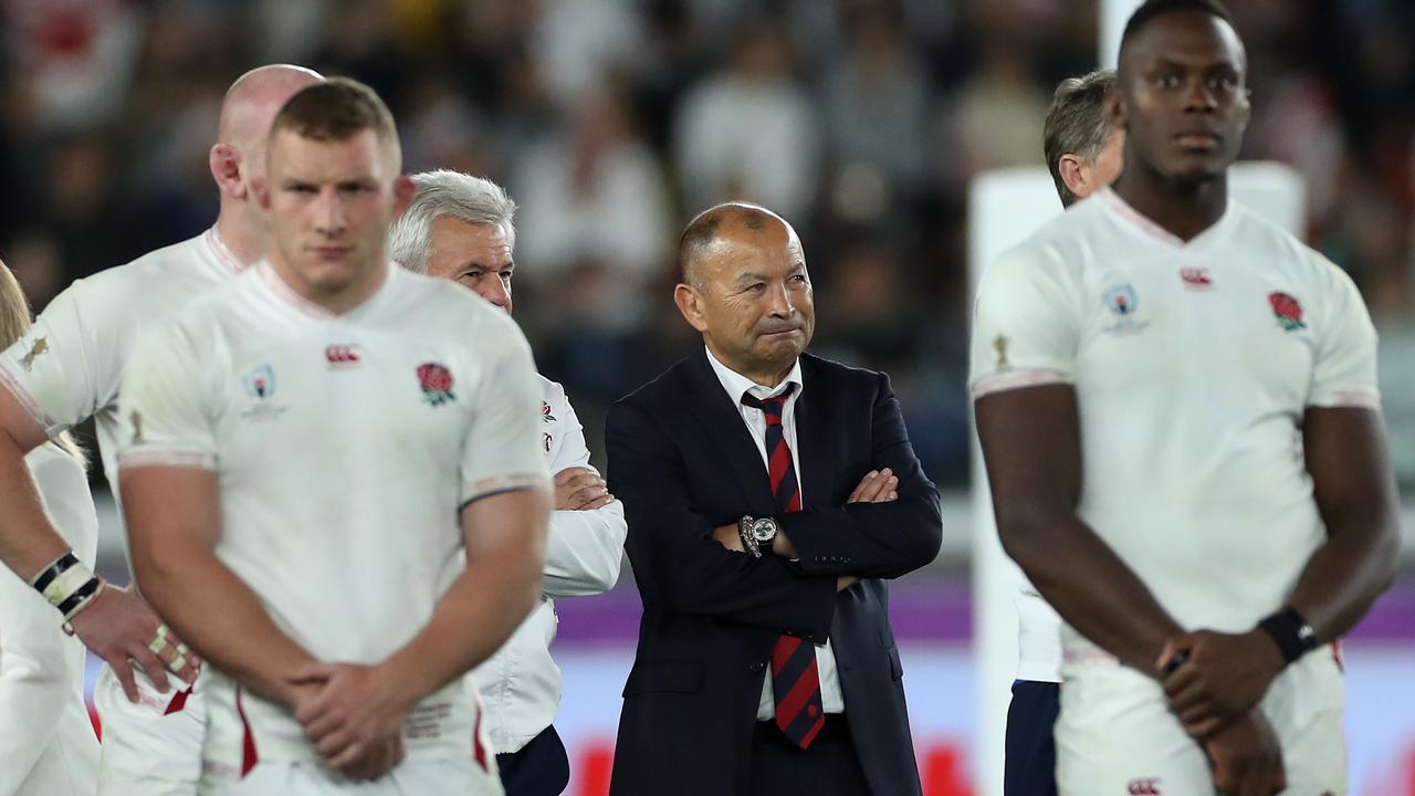 Eddie Jones, the England head coach, looks dejected after their defeat during the World Cup 2019 final