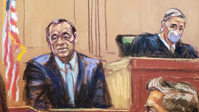 Kevin Spacey is cross examined during Anthony Rapp’s civil sex abuse case. The star reportedly checked out the artist's sketch and nodded his approval. Picture: Reuters/Jane Rosenberg