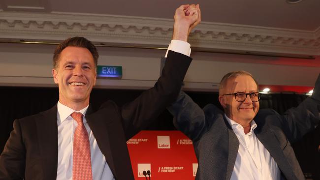 NSW Labor leader Chris Minns celebrates his state election victory with Prime Minister Anthony Albanese. Picture: NCA NewsWire / David Swift