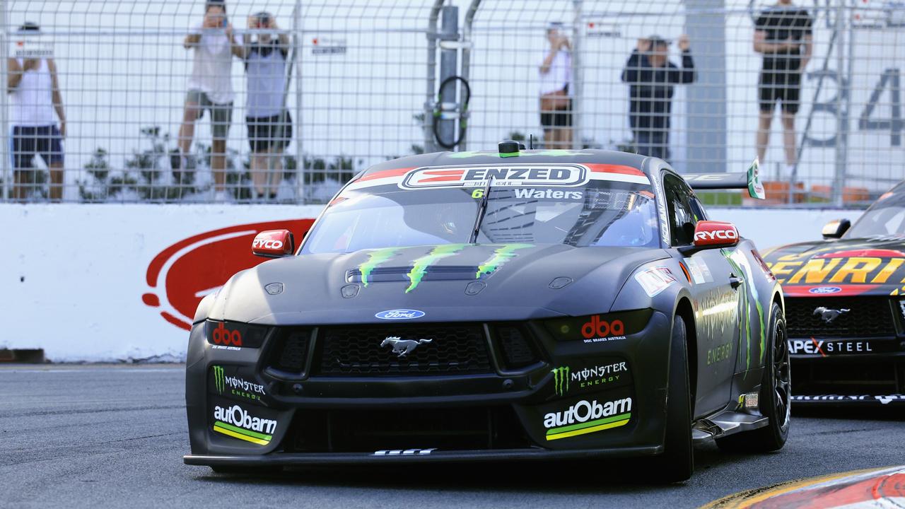 Waters’ Ford Mustang beat Shane van Gisbergen’s Red Bull by two-tenths of a second. Picture: Brendan Radke
