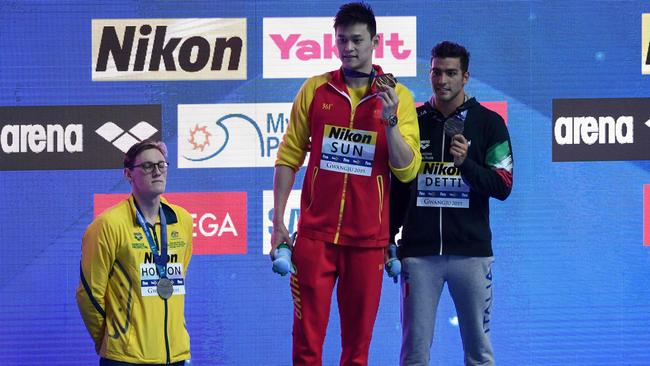 Mack Horton refuses to the share the podium with China’s Sun Yang. Picture: AFP