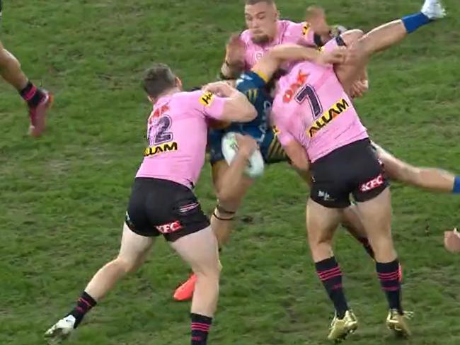 The horror lifting tackle which saw the Panthers halfback sent-off.