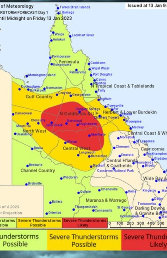 The Bureau of Meteorology has issued a thunderstorm forecast covering much of Queensland, January 13, 2022. Picture: Bureau of Meteorology