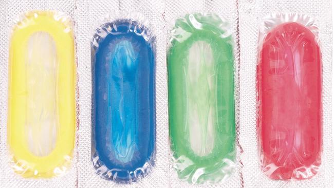 Multi-coloured condoms very nearly form the five-ring Olympic symbol.