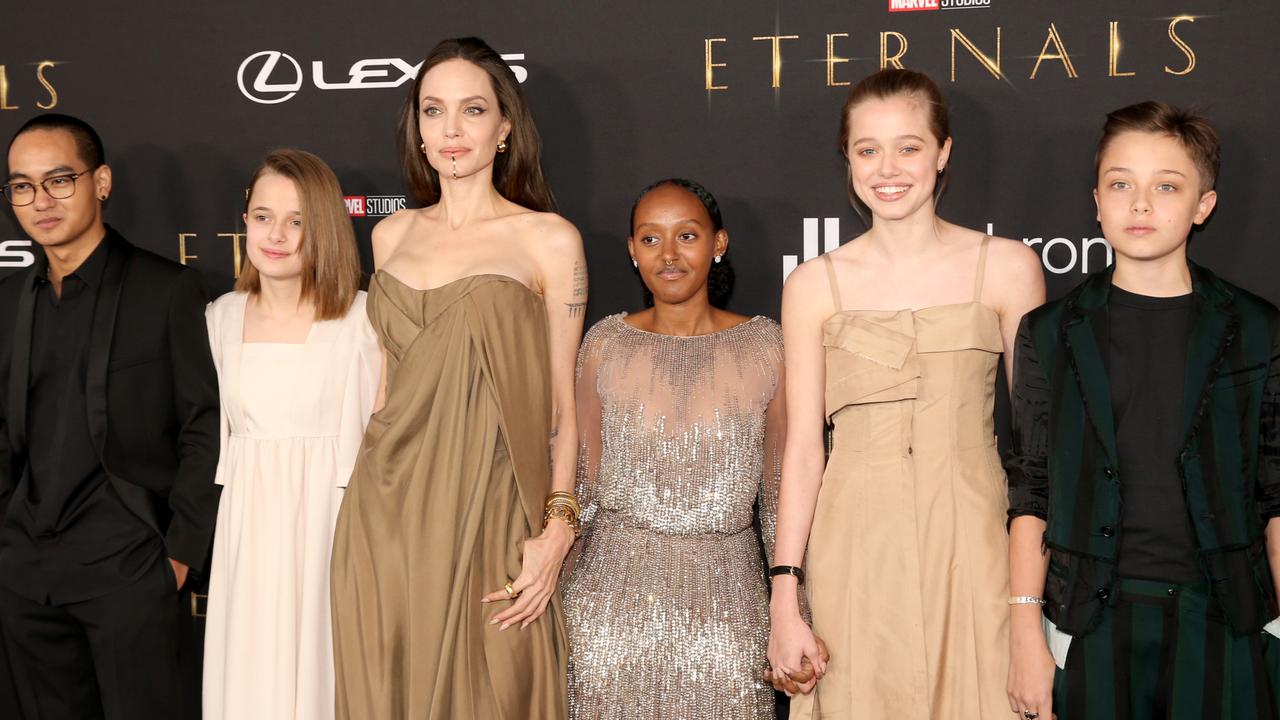 Maddox Jolie-Pitt, Vivienne Jolie-Pitt, Angelina Jolie, Zahara Jolie Pitt, Shiloh Jolie-Pitt, and Knox Jolie Pitt arrive at the Premiere of Marvel Studios' Eternals in 2021. Picture: Jesse Grant/Getty Images