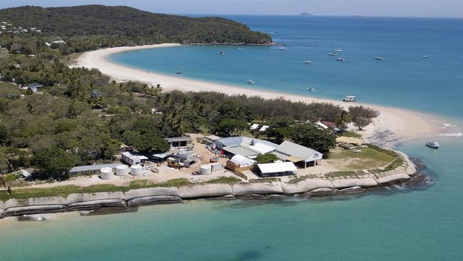 Giant sandbags protect the resort buildings at Putney Beach on Great Keppel Island. Fisherman’s Beach is in the background, Picture: Liam Kidston