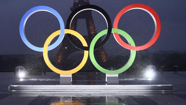 A picture shows the Olympics Rings on the Trocadero Esplanade near the Eiffel Tower in Paris. Picture: AFP PHOTO