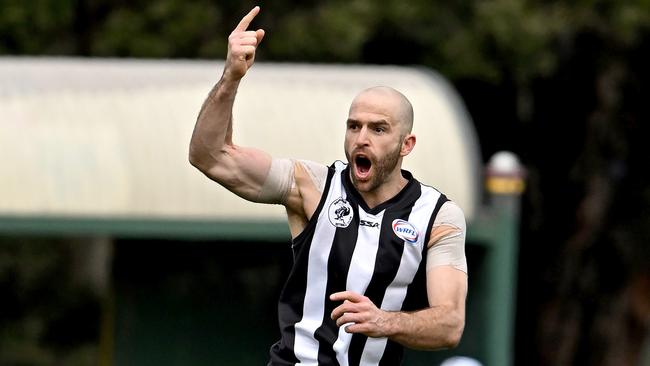 ParksideÃs Shaun Campbell celebrates a goal during the WRFL Division 2  Grand Final between Parkside and Albion in Yarraville, Sunday, Sept. 10, 2023. Picture: Andy Brownbill