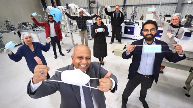 Geelong's Care Essentials is the 2023 Australian Exporter of the Year. Pictured are Abhay Sinha (Founder Care Essentials) with the N95/P2 mask and Ishan Sinha (Director at Care Essentials) with Surgical Mask. Picture: Supplied/Glenn Ferguson