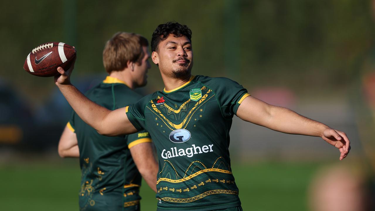 SALFORD, ENGLAND – NOVEMBER 03: Jeremiah Nanai of Australia during the Kangaroos Captain's Run at AJ Bell Stadium on November 03, 2022 in Salford, England. (Photo by Alex Livesey/Getty Images)