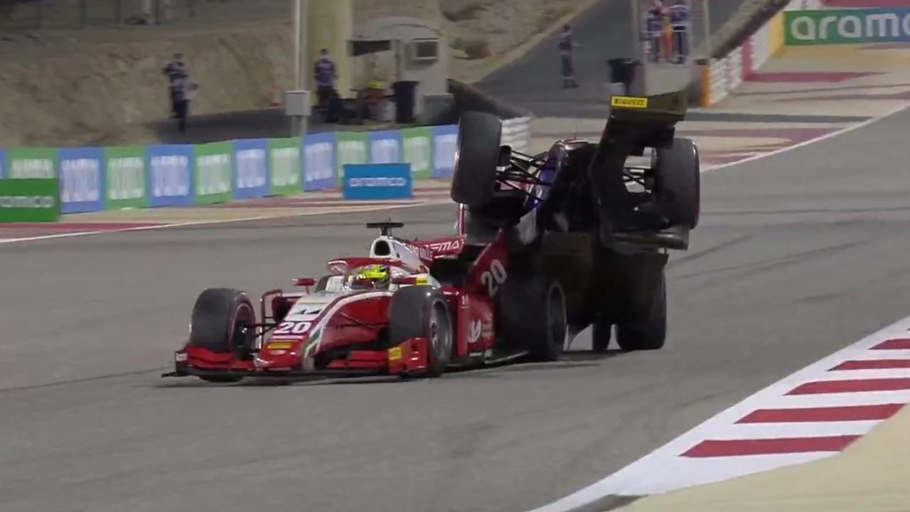 Roy Nissany mounts Mick Schumacher in their F2 crash at the Sakhir Grand Prix.