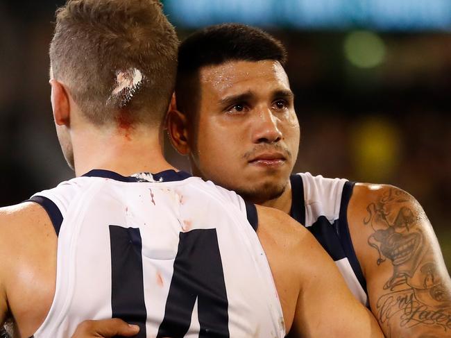 MELBOURNE, AUSTRALIA - SEPTEMBER 20: Joel Selwood (left) and Tim Kelly of the Cats look dejected after a loss during the 2019 AFL Second Preliminary Final match between the Richmond Tigers and the Geelong Cats at the Melbourne Cricket Ground on September 20, 2019 in Melbourne, Australia. (Photo by Michael Willson/AFL Photos via Getty Images)