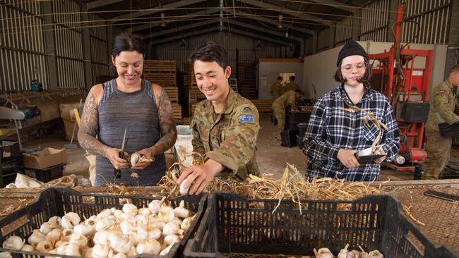 Army Reservist Pvt Andy Tran and local volunteers Emily Hamly and Candice Wilson help prepare garlic on Shane's farm. Picture: Brad Fleet