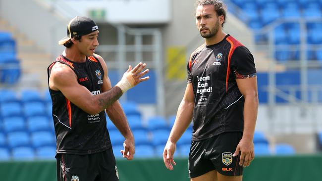 Johnathan Thurston and Ryan James in action during the Captains Run for the Indigenous All Stars team at Cbus Stadium in Robina. Pics Adam Head