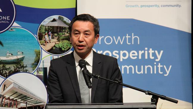 Sumitomo Corporation Australia Managing Director Mr Yoshikazu 'Cash' Ishikawa addresses the launch of the Gladstone Hydrogen Ecosystem project. Picture: Rodney Stevens