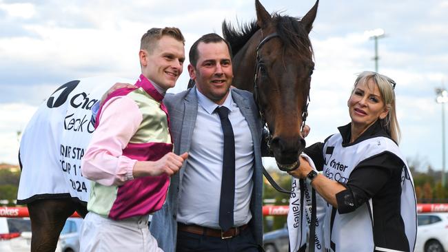 Trainer Gavin Bedggood celebrates with jockey Ethan Brown. Picture: Vince Caligiuri/Getty Images