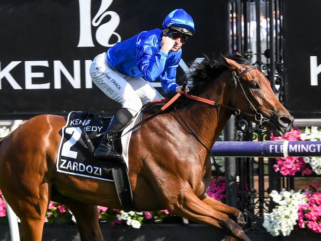 Zardozi ridden by James McDonald wins the Kennedy Oaks at Flemington Racecourse on November 09, 2023 in Flemington, Australia. (Photo by Brett Holburt/Racing Photos via Getty Images)