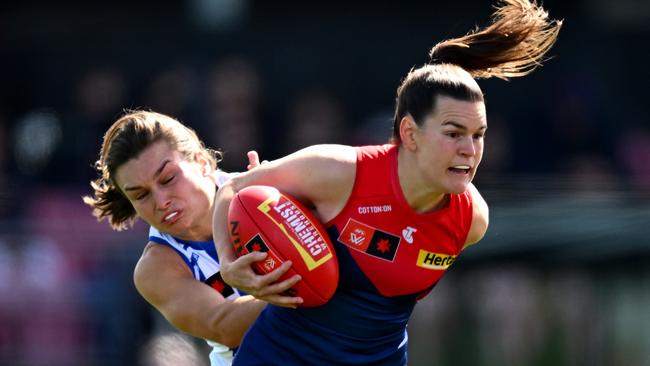 Melbourne midfielder Lily Mithen will play her 75th AFLW game on Saturday after playing every game in the AFLW’s inaugural season as an 18-year-old. Picture: Quinn Rooney / Getty Images