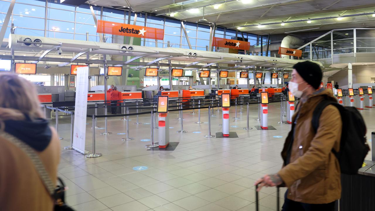 Sydney Domestic Airport departures hall looking quiet, with many flights cancelled due to the growing Covid-19 outbreak. Picture: Damian Shaw