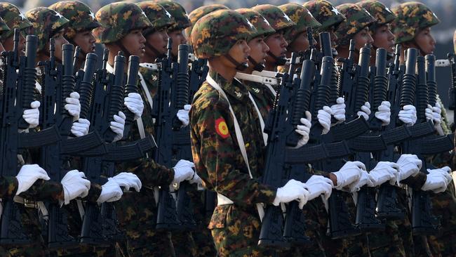 Members of the Myanmar military take part in a parade to mark the country's 78th Armed Forces Day in Naypyidaw in March. Picture: AFP