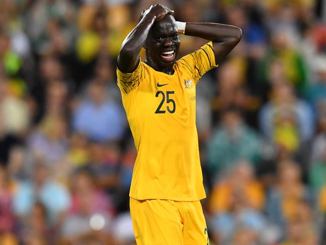 Awer Mabil of the Socceroos reacts after a missed shot at goal during the International friendly match between Australia and the Korea Republic at Suncorp Stadium, in Brisbane, Saturday, November 17, 2018. (AAP Image/Darren England) NO ARCHIVING, EDITORIAL USE ONLY