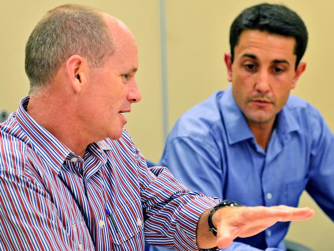 Queensland Premier Campbell Newman, and MP David Crisafulli, talk about the local disaster management in preparation for landfall of Tropical Cyclone Dylan near Townsville, Queensland. Pictures: Wesley Monts