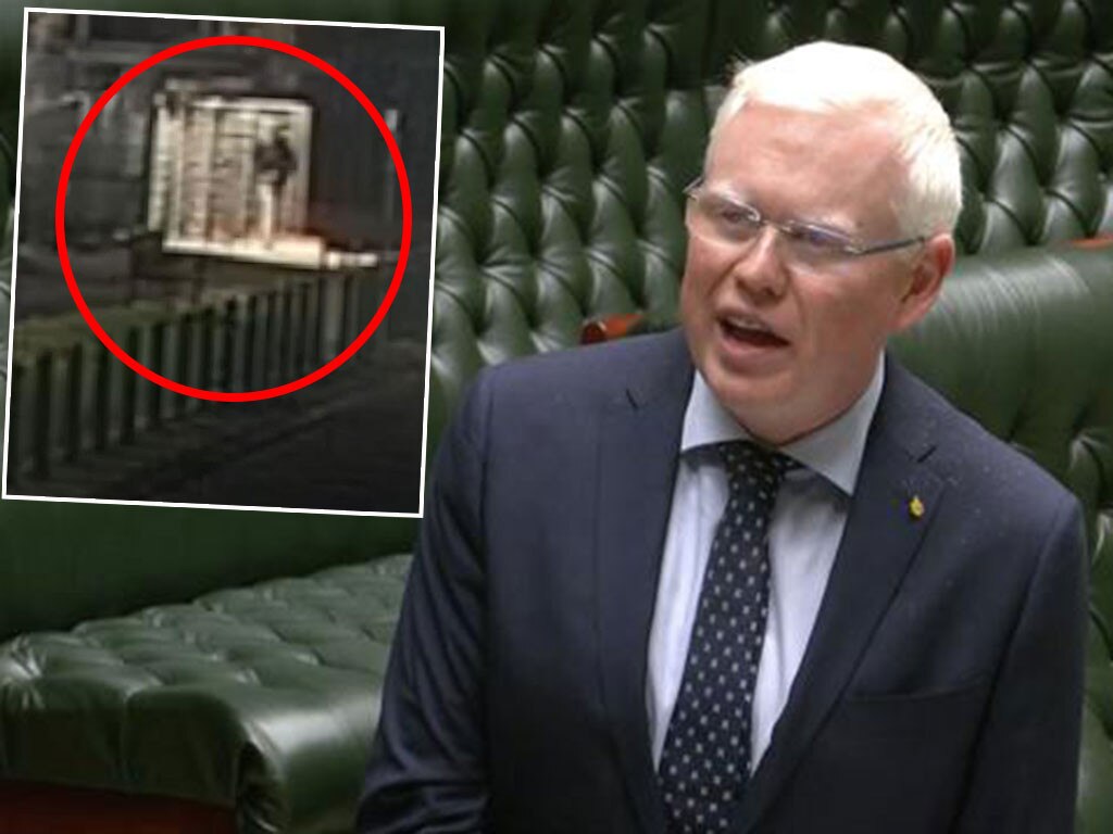 Gareth Ward speaking in NSW parliament on September 25, (main picture), and (inset) CCTV screen grabs of Mr Ward trying to enter NSW parliament late at night. Pictures: Supplied