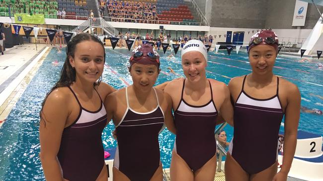 St Peters Lutheran College started the meet by winning the 4x50m medley relay 16 years, which included triple record breaker Ella Ramsay (third from the left to right).