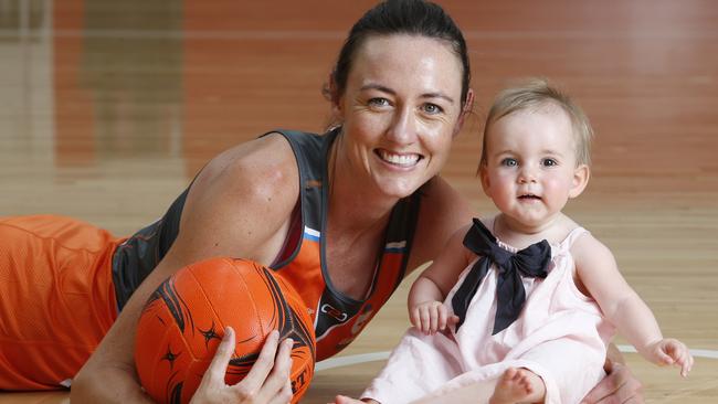 Bec Bulley pictured with daughter Indie who is travelling with her during Super Netball.