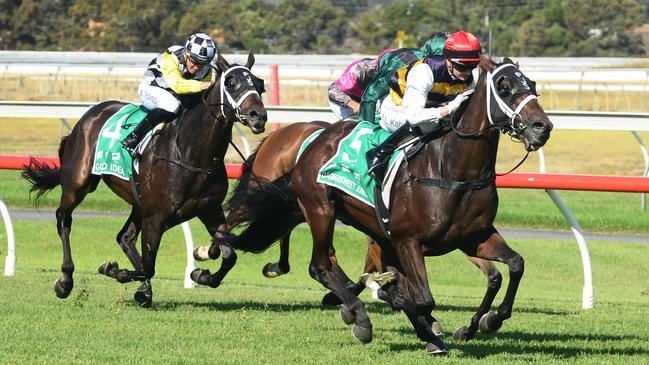 Jockey Jamie Kah on Daqiansweet wins the 2022 Adelaide Cup at Morphettville Racecourse on Monday. Picture: Michael Marschall