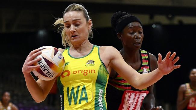 CAPE TOWN, SOUTH AFRICA - AUGUST 01: Liz Watson (Captain) of Australia and Grace Mwafulirwa of Malawi during the Netball World Cup 2023, Pool F match between Australia and Malawi at Cape Town International Convention Centre Court 1 on August 01, 2023 in Cape Town, South Africa. (Photo by Ashley Vlotman/Gallo Images/Netball World Cup 2023)
