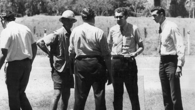Police at the scene where the girls’ bodies were found in 1973.