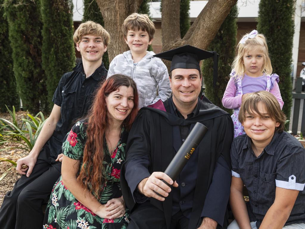 Bachelor of Engineering (Mechanical Engineering) with First Class Honours graduate Andrew Jawney with family (from left) Sam, Jess, Jeremiah, Liahna and Noah Jawney at a UniSQ graduation ceremony at The Empire, Tuesday, June 25, 2024. Picture: Kevin Farmer