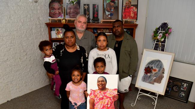 Matthew Farkas, Gracie Sailor and Wya Sailor with Missy, 12, Isaias, 8, Unique, 5, and Mataika, 1, with a image of Emma 'Alli' Sailor. Picture: Evan Morgan