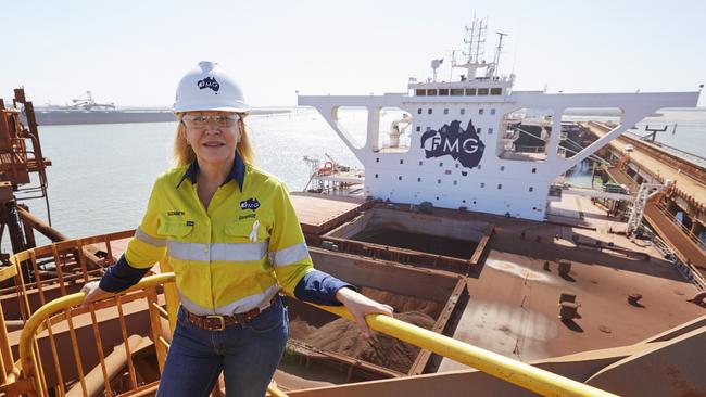 Fortescue Metals Group chief executive Elizabeth Gaines atop a shiploader at the iron ore miner’s Port Hedland facilities.